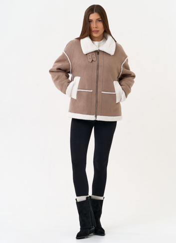 Женская дубленка из эко замши с воротником стойкой