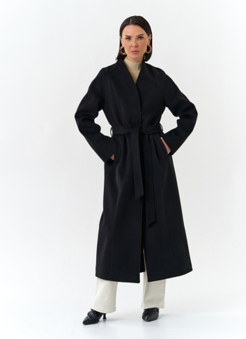 Женское пальто черного цвета с поясом Женское пальто черного цвета с поясом