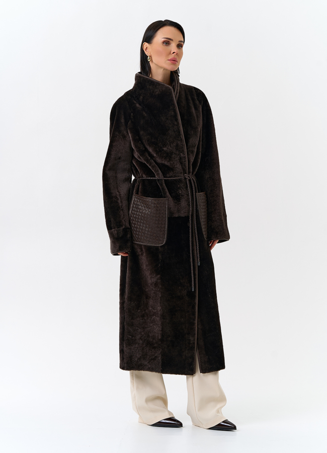 Женская дубленка с декоративным поясом модель № 32085 универмаг малина