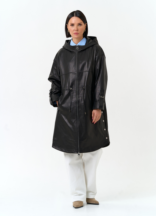 фото Женский плащ из натуральной кожи с капюшоном модель № 33142
