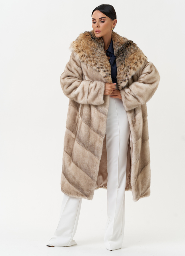 Женская шуба из меха норки с капюшоном из меха рыси модель № 31168 универмаг малина