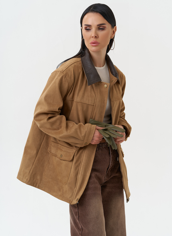 Женская парка из эко замши бежевого цвета