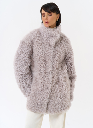 Женская двухсторонняя дубленка с воротником стойкой