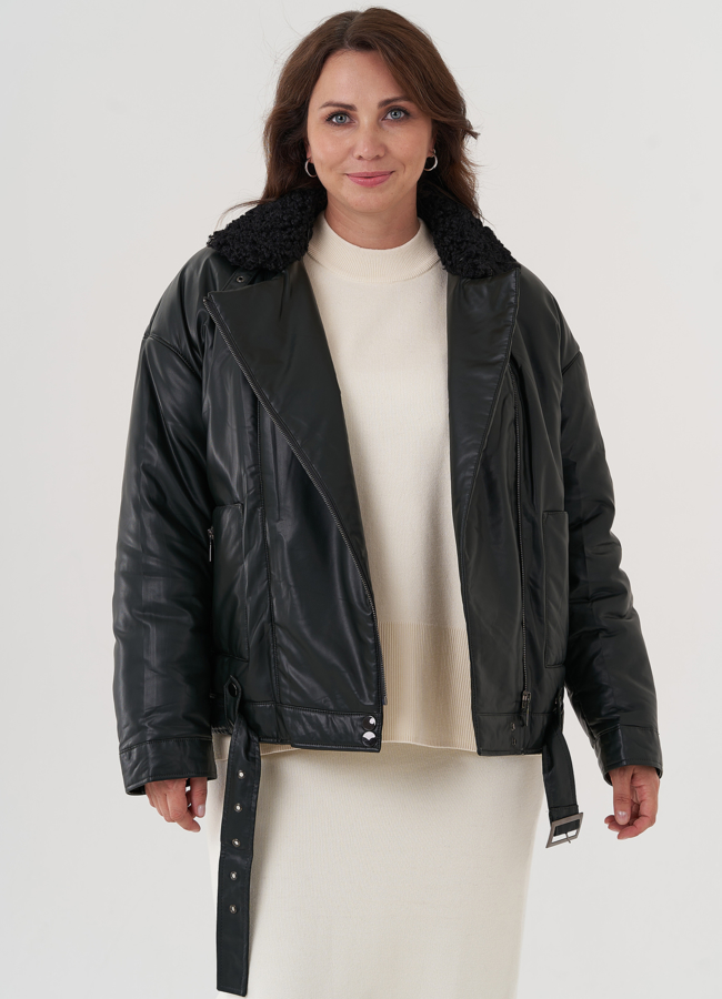 Косуха утепленная из экокожи с отделкой из экомеха модель № 25343 в рассрочку