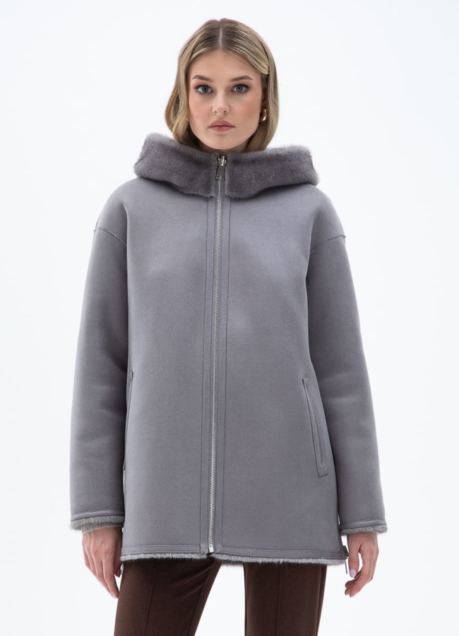 Женская двухсторонняя дубленка из эко кожи с капюшоном модель № 32029 меха малина