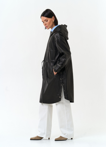 Женский плащ из натуральной кожи с капюшоном