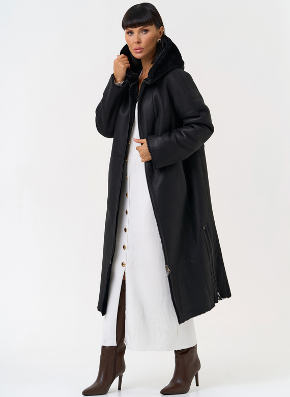 Натуральная двухсторонняя дубленка с капюшоном