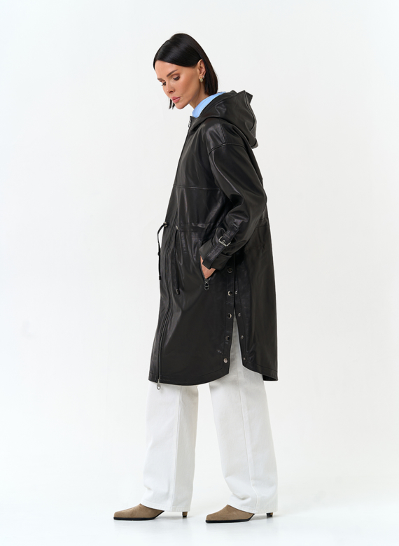 Женский плащ из натуральной кожи с капюшоном
