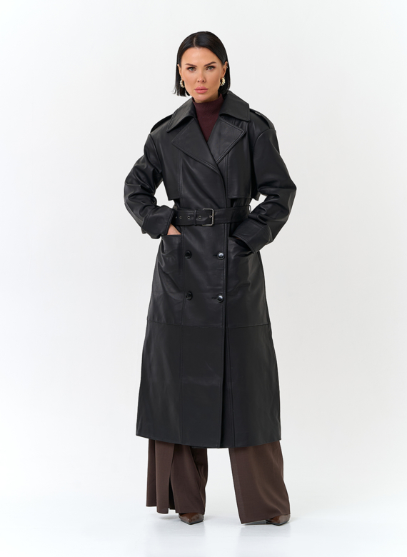 Женский плащ из натуральной кожи с поясом