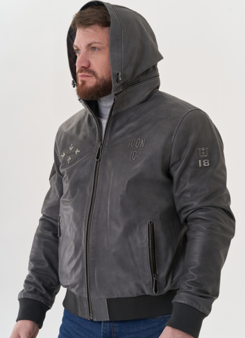 Мужская кожаная куртка "бомбер" с капюшоном