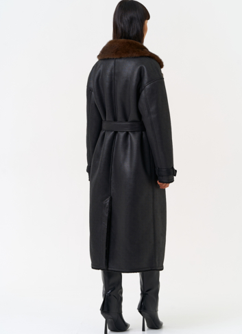 Женская дубленка из эко замши с английским воротником