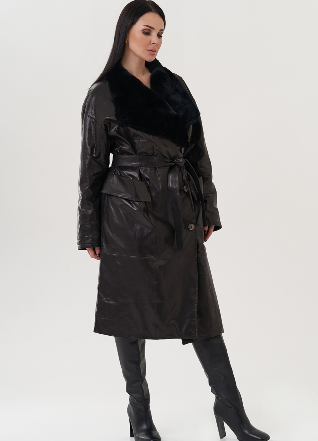 фото Пальто женское из натуральной кожи с отделкой из кролика  модель № 25377