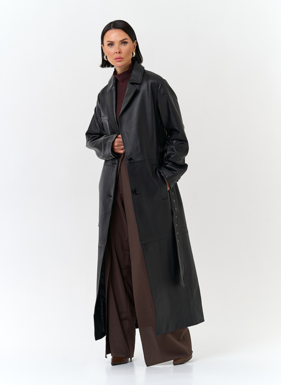 Женский длинный плащ из натуральной кожи