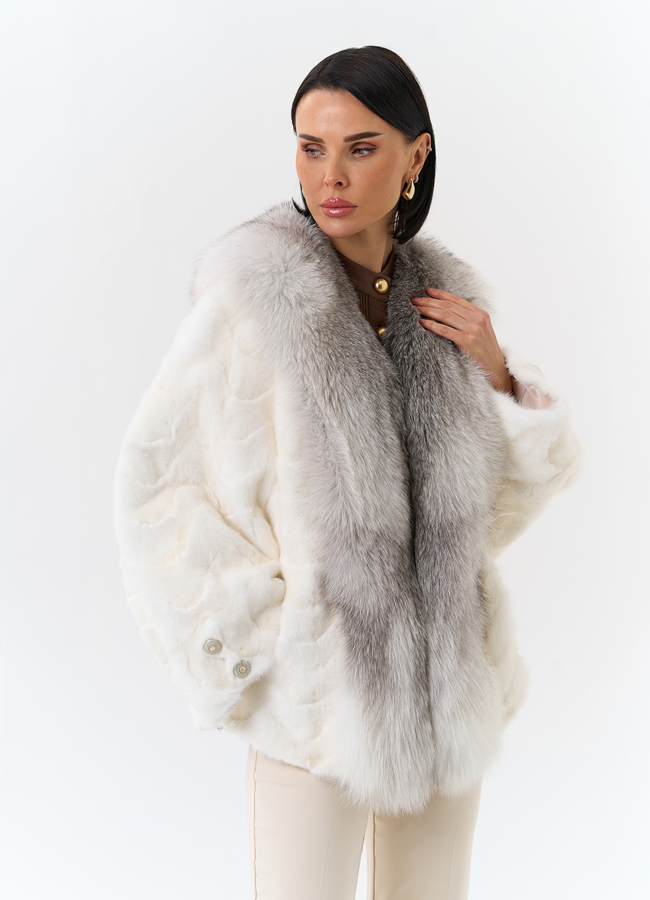 Шуба из норки с отделкой из меха лисы модель № 32205 универмаг малина