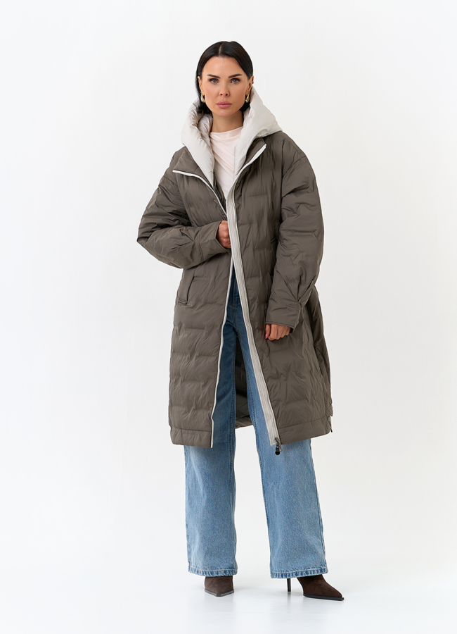 Женское утепленное пальто с капюшоном модель № 32798 меха малина