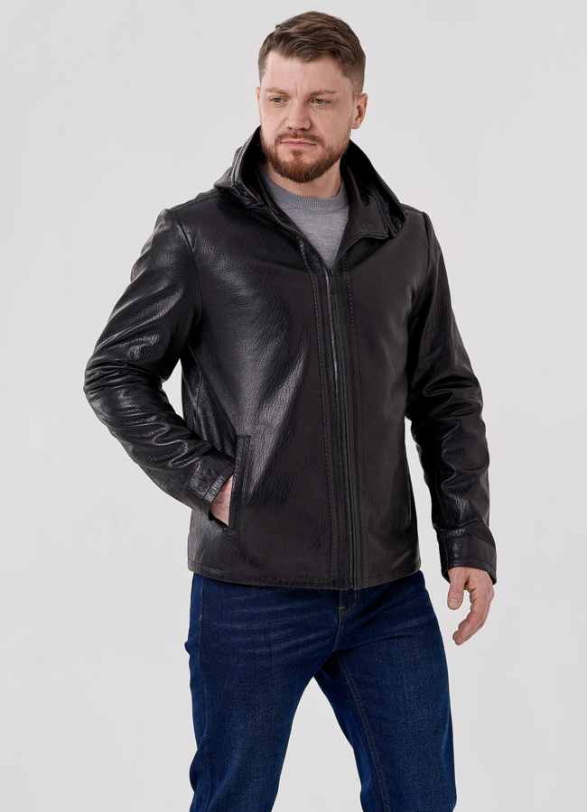 Мужская куртка из натуральной кожи  модель № 24395 меха малина