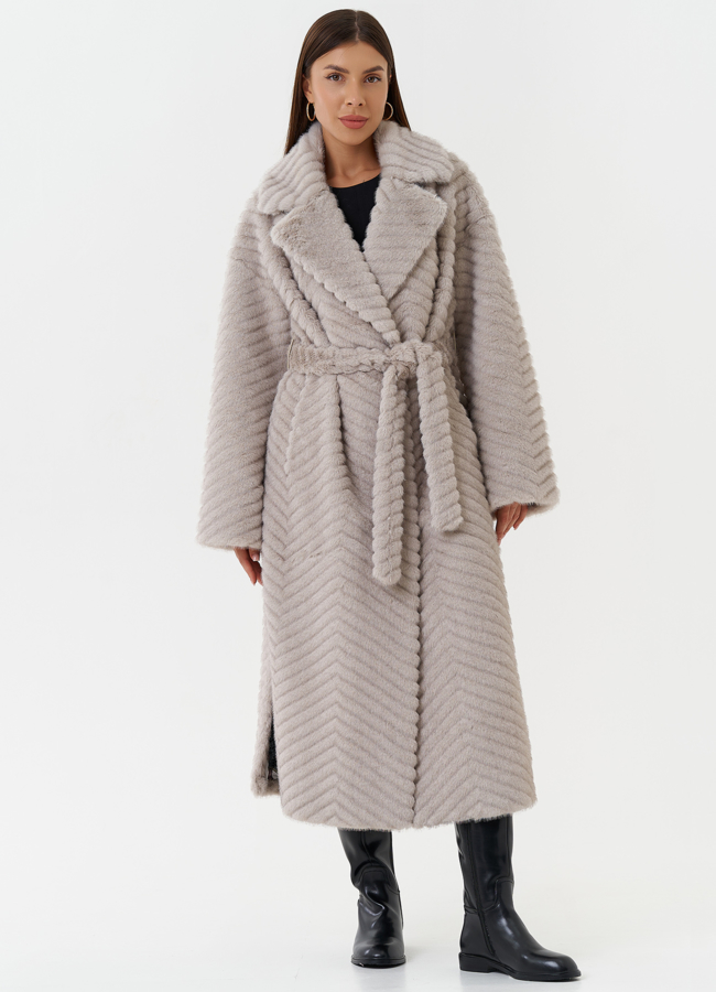 Женское пальто из эко меха с поясом модель № 28452 меха малина