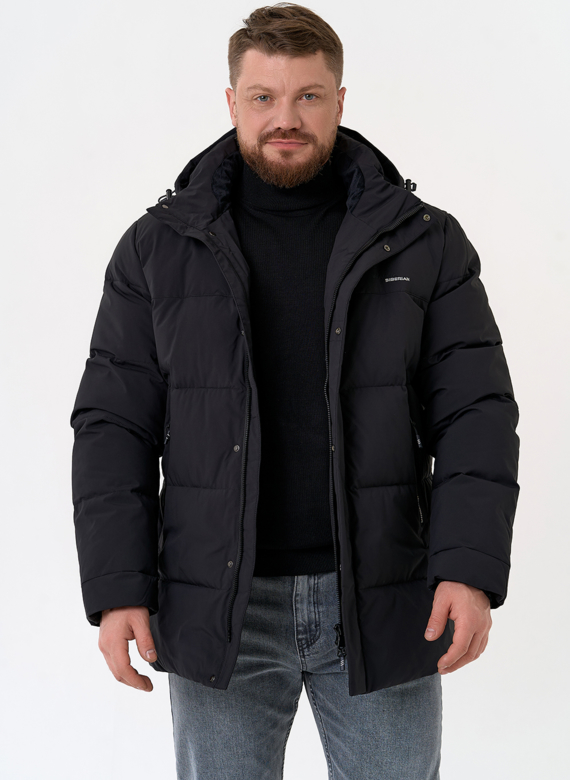 Мужской пуховик черного цвета с капюшоном