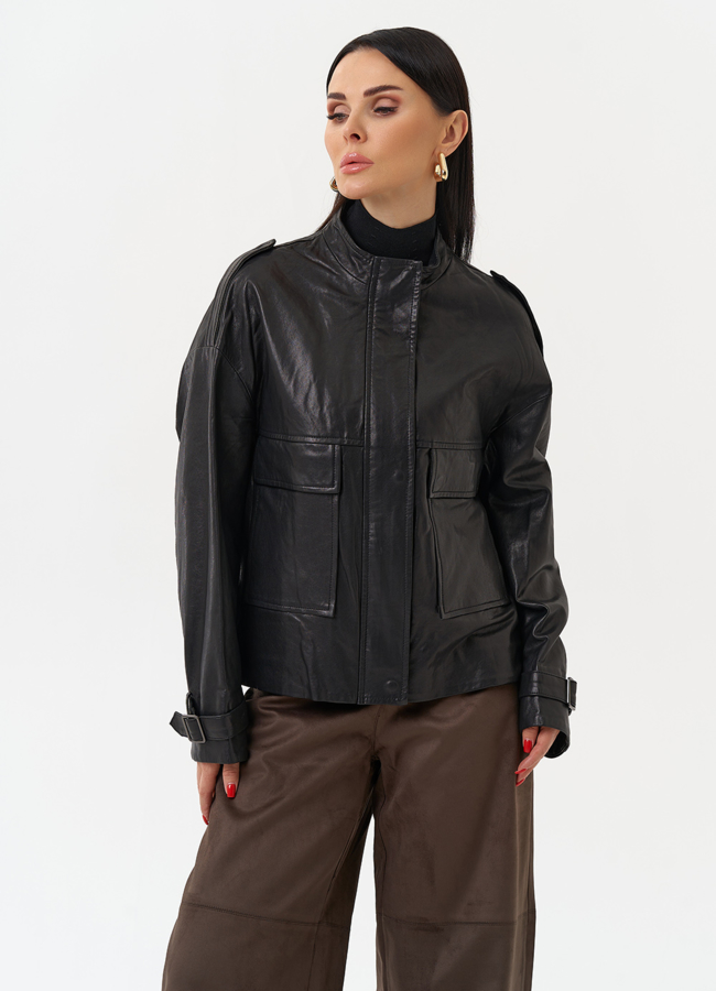 Женская куртка-рубашка из натуральной кожи  прямого силуэта модель № 22338 в рассрочку