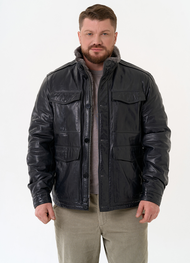 Куртка из натуральной кожи с воротником стойкой модель № 31656 меха малина