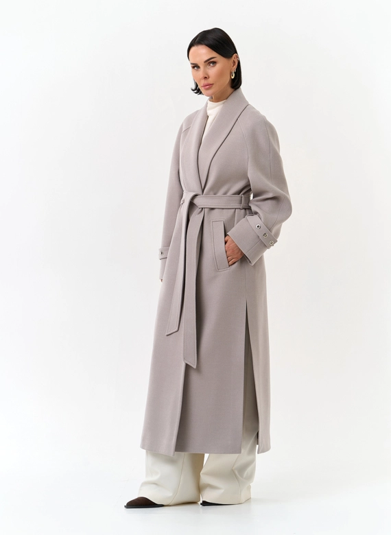 Женское длинное пальто с поясом фото