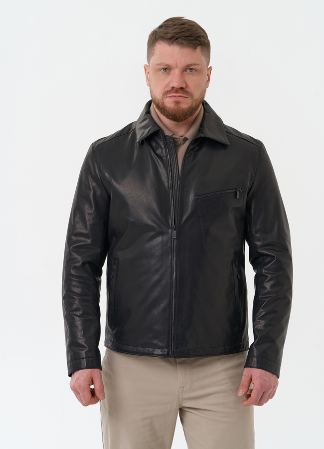 Мужская куртка из натуральной кожи  модель № 30062 меха малина