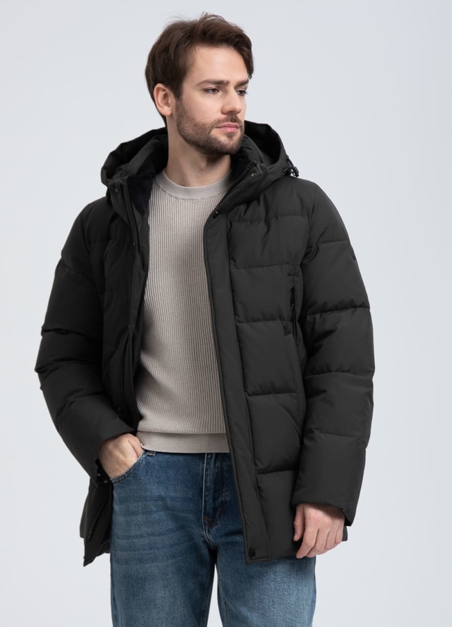 Мужской пуховик с капюшоном  модель № 32036 меха малина