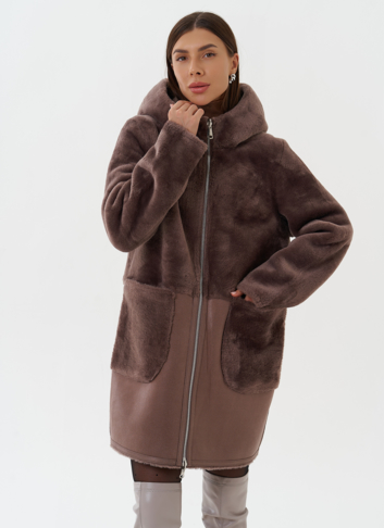 Двухсторонняя дубленка из эко кожи с капюшоном