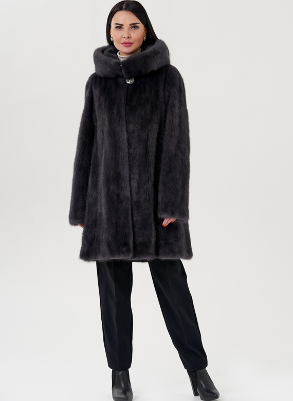 Норковая шуба балетка, в цвете графит с капюшоном