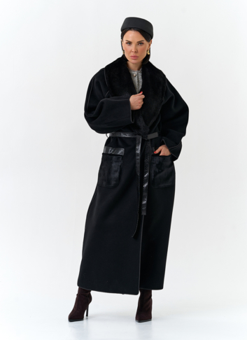 Женское длинное пальто с воротником из меха норки