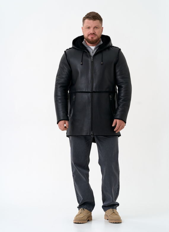 Мужская натуральная дубленка с капюшоном