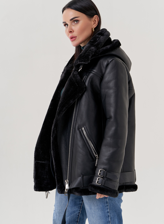 Женская дубленка пилот из эко кожи черного цвета 