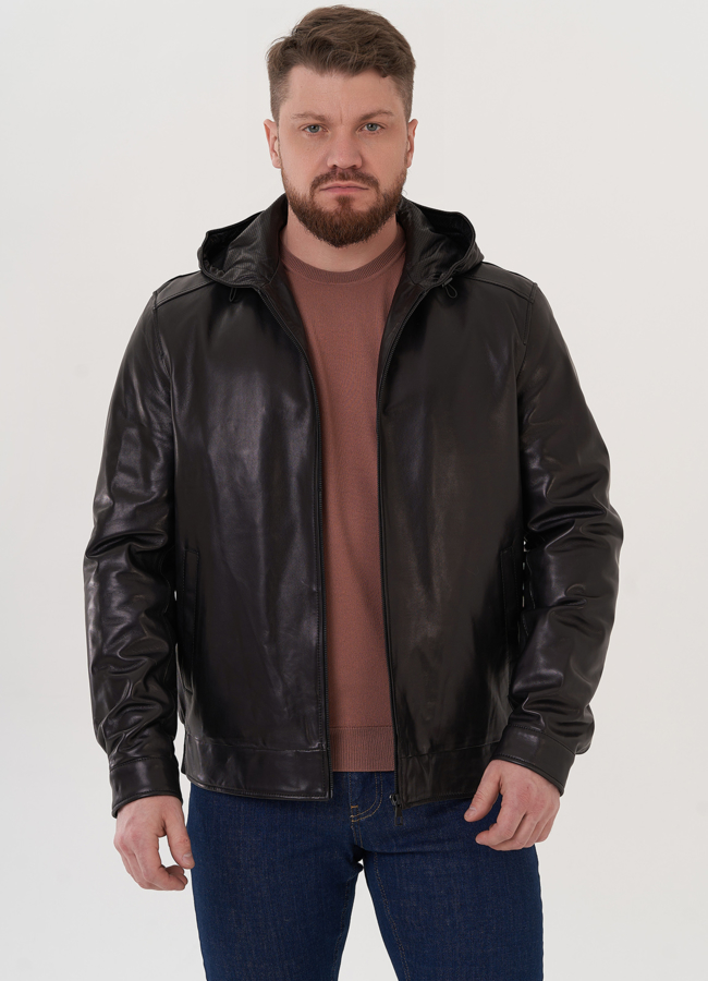 Мужской кожаный бомбер с капюшоном модель № 26926 в рассрочку