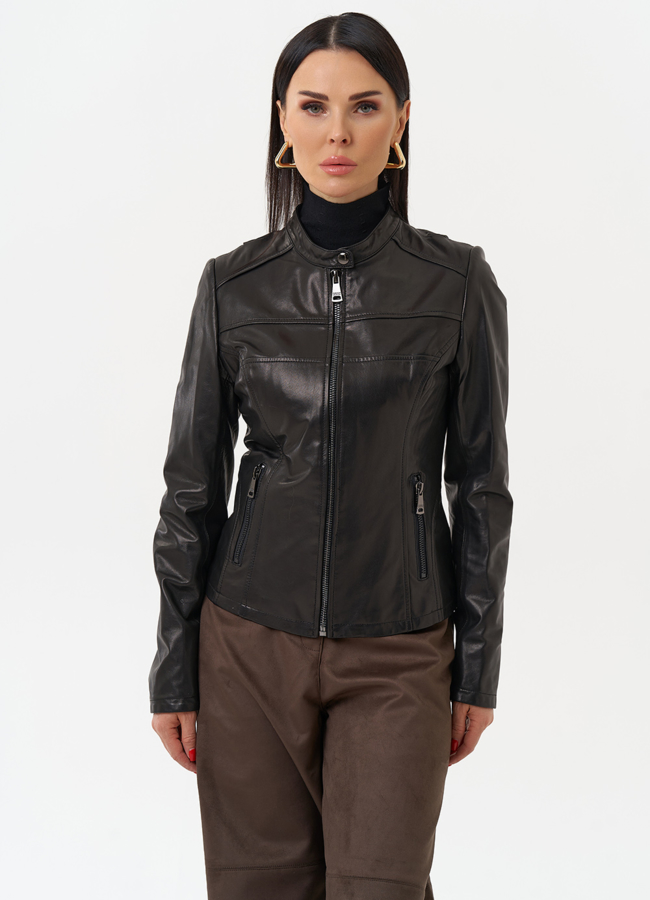 Кожаная куртка на молнии модель № 20498 меха малина