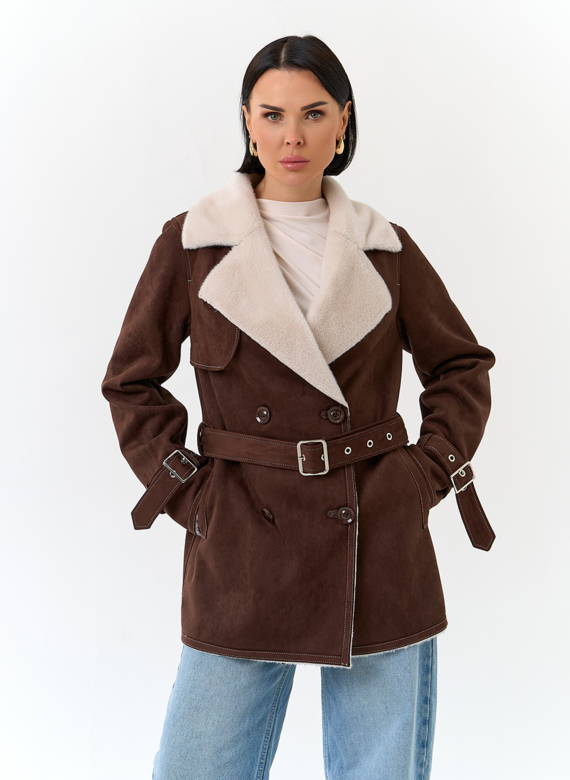 Женская дубленка из эко замши с английским воротником