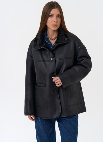 Женская двухсторонняя дубленка из эко замши в черном цвете