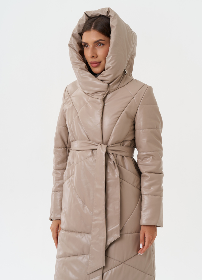 Женский пуховик из эко кожи с поясом модель № 28516 универмаг малина