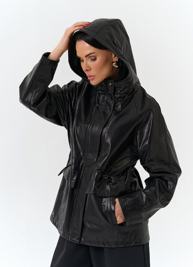 фото Женская куртка из натуральной кожи  с капюшоном модель № 32528