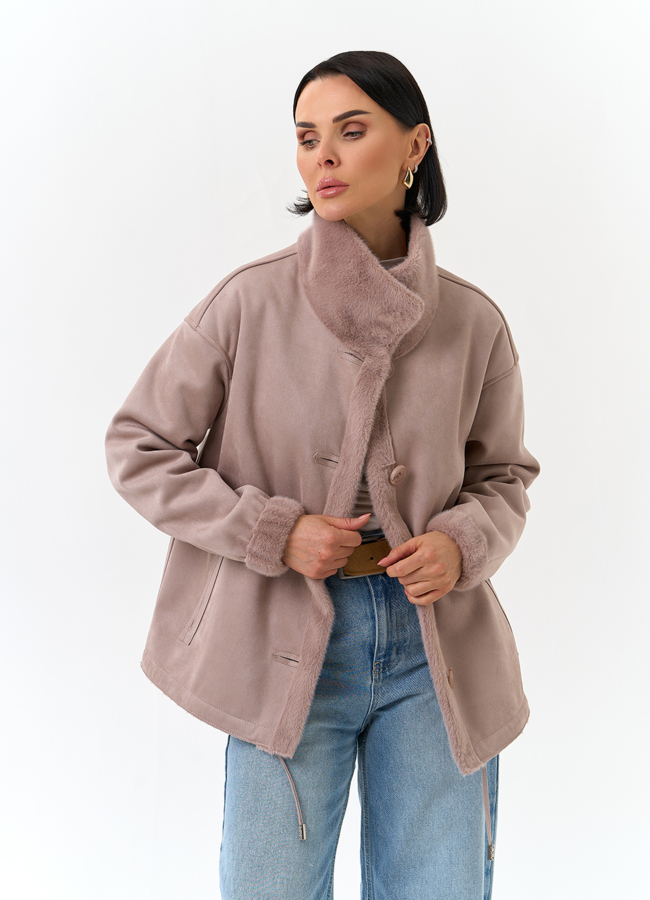 Женская двухсторонняя дубленка из эко замши модель № 32789 универмаг малина
