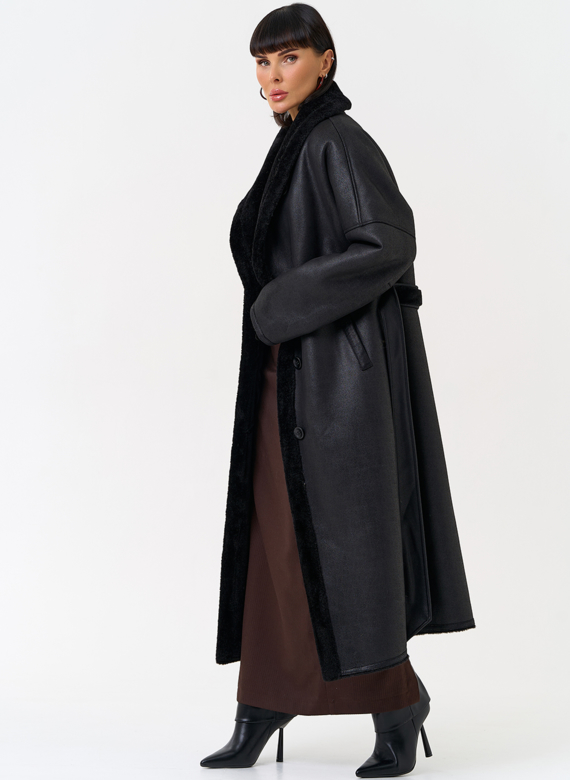 Женская двухсторонняя дубленка из эко замши с воротником шаль